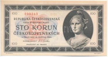 Csehszlovákia 1945. 100K T:UNC a papír helyenként kissé elszíneződött Czechoslovakia 1945. 100 Korun C:UNC the paper is slightly discolored in places Krause P#67