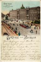 1899 (Vorläufer) Berlin, Königl. Schloss, Südseite mit Schlossbrunnen / castle, fountain, horse-drawn tram. W. Hagelberg Art Nouveau, litho (EB)