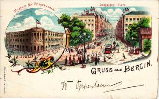 1898 (Vorläufer) Berlin, Leipziger Platz, Museum für Völkerkunde / street view, tram, museum. Lith. u. Druck R. Kettner & Co. Art Nouveau, floral, litho (cut)