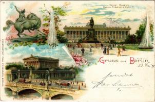 1899 (Vorläufer) Berlin, National-Gallerie, Königl Museum, Denkmal Friedrich Wilhelm III, Friedrichsbrücke / National Gallery, museum, monument, bridge, horse-drawn tram. Kunstanstalt Paul Finkenrath 50. Art Nouveau, floral, litho (EK)