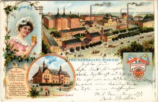 1899 (Vorläufer) Berlin, Neukölln (Rixdorf); Vereinsbrauerei, Berliner Kindl, Ausschank / brewery, beer, restaurant. D. dreyfuss Art Nouveau, floral, litho (EK)