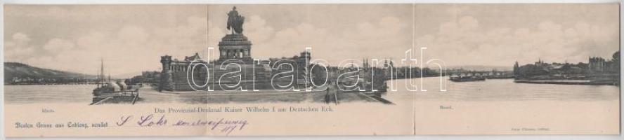 1900 Koblenz, Coblenz; Rhein, Mosel, Das Provinzial-Denkmal Kaiser Wilhelm I am Deutschen Eck / statue. 3-tiled folding panoramacard (bent til broken)