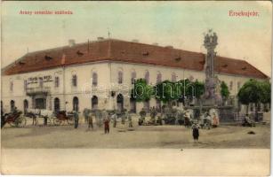 Érsekújvár, Nové Zámky; Arany oroszlán szálloda, Szentháromság szobor. Grünhut Zsigmond kiadása / hotel, monument (EK)