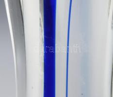 Cseh vastagüveg váza, anyagában színezett, alján gravírozott feliratokkal, kopással, m: 33 cm