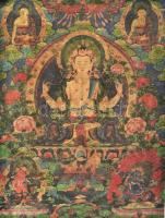 Thangka, Avalókitésvara ábrázolással. Tibet vagy Kína, XX. sz. első fele, nyomat, vászon. 89x67 cm, korának megfelelő állapotban, hátulján kopott, foltos, feltekerve.