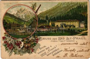 Braies Vecchia, Bad Alt-Prags (Südtirol); Dürrenstein / Picco di Vallandro. Art Nouveau, floral, litho + Kérem kísértse meg a valódi Franck kávé-pótlékot (Rb)