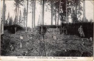 Syanky, Sianky, Sianki; Starke ausgebaute Unterkünfte im Waldgebirge / katonai szálláshely az erődben / WWI military camp in the forest mountains (EB) + "K.u.k. Zensuriert in Sambor"