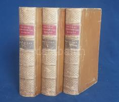 Macaulay, [Thomas Babington], Lord [of Rothley]:  Critical and Historical Essays contributed to The Edinburgh Review. New Edition in Three Volumes. Vol I-III. [Teljes mű három kötetben.]  London, 1860. Longman, Green, Longman and Roberts (Printed by Spittiswoode and Co.) VI + [2] + 601 + [1] p.; [4] + 583 + [1] p.; [4] + 580 p.  Thomas Babington Macaulay (1800-1859) az angol szabadelvű történetírás, esszé és kritika klasszikusának kritikái és esszéi, melyeket a jelentős skót esszéfolyóiratnak, az Edinburgh Review-nak írt. Esszéiben és kritikáiban Macaulay páratlan tisztasággal fejti ki nézeteit a jogegyenlőségről, a történelemírásról, meghatározó társadalmi és esztétikai kérdésekről. A tartalomból: Milton - Macchiavelli - Civil Disabilities of the Jews - War of the Succession in Spain - William Pitt, Earl of Chatham - Gladstone on Church and State - Von Ranke - Frederic the Great - Life and Writings of Addison. A harmadik kötet végén részletes tárgymutató.  Thomas Macaulay esszégyűjteménye először 1843-ban jelent meg, akkor még két kötetben, kiadásunk a szerző halála után kiadott első esszégyűjteménynek számít. Az első kötet első előzékén régi, angol nyelvű ajándékozási bejegyzés.  Egységes, díszesen, dúsan aranyozott, álbordázott korabeli bőrkötésben, pávamintás előzékekkel és pávamintás festésű lapszélekkel, az aranyozott címfelirat a gerincen vörös és barna címkén. A kötéstáblákon apró kopások, a második kötet kötéstábláin halvány foltosság. Dekoratív, szép példány.