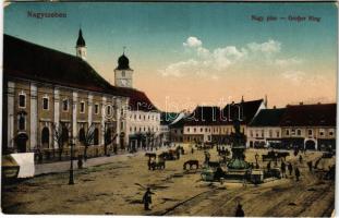 1918 Nagyszeben, Hermannstadt, Sibiu; Nagy piac, üzletek. Vasúti levelezőlapárusítás 9. sz. 1917. / Großer Ring / market square, shops (EK)