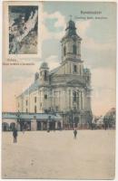 Szamosújvár, Gherla; Örmény katolikus templom, üzletek, Rubens &quot;Jézus levétele a keresztről&quot;. Anka Sándor kiadása / Armenian Catholic church, shops (EK)