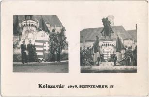 1940 Kolozsvár, Cluj; bevonulás, magyar címer, Mátyás király szobor, leventék / entry of the Hungarian troops, Hungarian coat of arms, statue. photo (fl)