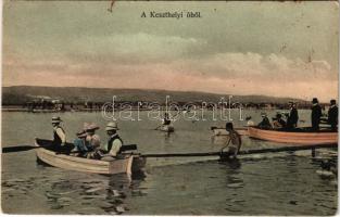 1910 Keszthely, a Keszthelyi-öböl, csónakázók. Mérei Ignác kiadása (ázott sarok / wet corner)