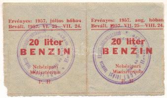 1957. "Nehézipari Minisztérium" 20 liter benzin jegye 2db-os ívben T:F