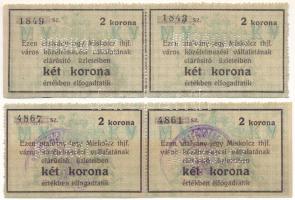Miskolc ~1918-1919. 2K "Miskolcz thjf." utalvány-jegy 2db kettes ívben, mind "MISKOLC...