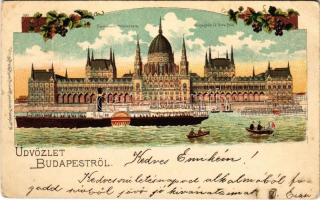 Budapest V. Parlament, Országház a Duna felől, gőzhajó. Verlag & Druck Kunst-Anstalt Rosenblatt Art Nouveau, floral, litho (lyuk / pinhole)