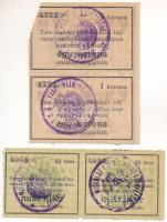 Miskolc ~1918-1919. 20f + 1K "Miskolcz thjf." utalvány-jegy 2db kettes ívben, mind "M...