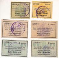 Miskolc ~1918-1919. 20f - 2K (6x) "Miskolcz thjf." utalvány-jegy, mind "MISKOLCZ"...