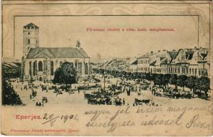 1902 Eperjes, Presov; Fő utca, Római katolikus templom, piac. Fénynyomat Divald műintézetéből / main street, Catholic church, market (gyűrődés / crease)