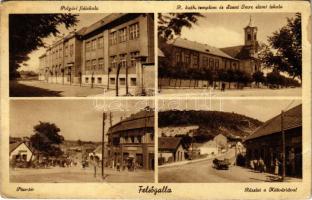 1943 Felsőgalla (Tatabánya), Polgári fiúiskola, Római katolikus templom, Szent Imre elemi iskola, Piactér, részlet a Kálváriával, üzletek (fa)