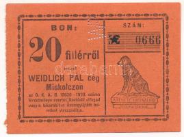 Miskolc ~1920. "Weidlich Pál cég Miskolczon" 20f értékű bón, "WP" perforációval, "0666" sorszámmal T:AU Adamo MIS-31.1