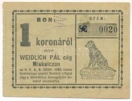 Miskolc ~1920. "Weidlich Pál cég Miskolczon" 1K értékű bón "WP" perforációval, "0020" sorszámmal T:F Adamo MIS-31.3.1