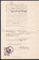 1919 Születési anyakönyvi kivonat 1908-as 1K Pécsi városi illetékbélyggel