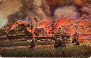 Weltkrieg 1914-1915. Brennendes Dorf in Russisch-Polen / Világháború 1914-1915. Égő falu Orosz-Lengyelországban / WWI K.u.K. military, burning village in Russian Poland (EB)