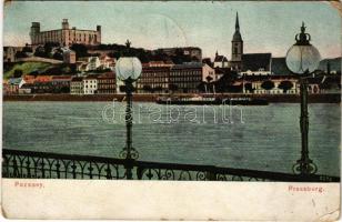 1908 Pozsony, Pressburg, Bratislava; látkép, vár, gőzhajó / general view, castle, steamship (Rb)