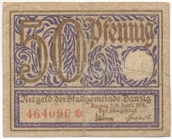 Németország / Weimari Köztársaság / Danzig 1919. 50pf szükségpénz szárazpecséttel, vízjeles papíron T:VG kis szakadás Germany / Weimar Republic / Danzig 1919. 50 Pfennig necessity note with embossed stamp, on watermarked paper C:VG small tear Krause P#11