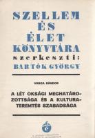 Varga Sándor, (kibédi): A lét oksági meghatározottsága és a kultúrateremtés szabadsága. (Dedikált.) [Szeged, 1936]. Szellem és Élet - Első Kecskeméti Hírlapkiadó- és Nyomda Rt. 15 + [1] p. Egyetlen kiadás. Dedikált: ,,... tisztelettel: Kibédi Varga Sándor&quot;. Kibédi Varga Sándor (1902-1986) filozófus rövid tanulmánya Immanuel Kant eszméit vizsgálja Böhm Károly és Heinrich Rickert neo-kantiánus filozófusok munkásságában. A tanulmány végén német nyelvű rezümé. A dedikáció címzettjének megnevezését felfestés takarja. A két világháború között Németországban több látogatást is tevő Kibédi Varga Sándor filozófusnak egy, a Hitler-elvet ismertető, rövid kritikai különnyomtatványa (A nemzetiszocialista Németország, Budapest, 1938) rákerült az Ideiglenes Nemzeti Kormány által 1945-ben betiltott könyvek jegyzékére. (Szellem és Élet könyvtára.) Korabeli vászonkötésben, az aranyozott címfelirat az első kötéstáblán vörös címkén. Jó példány.