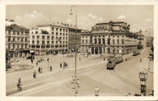 Pozsony theatre with delicatessen shop, Tatra, Sedliacka bank, hat shop and trams