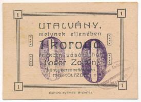 Miskolc ~1930. 1K &quot;Fodor Zoltán Könyvkereskedés&quot; utalvány &quot;00&quot; bélyegzéssel, fel...