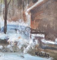 ifj. Keleti Jenő (1943-1999): Hegyoldal télen. Olaj, farost, jelzett, hátoldalán Képcsarnok Vállalat...