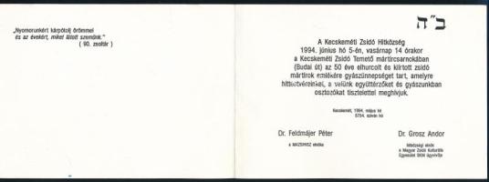 1994 Meghívó a Kecskeméti Zsidó Hitközség által az 50 éve elhurcolt és kiirtott zsidó mártírok emlék...