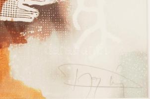 Dús László (1941-): Foltok (cím nélkül). Monotípia, papír, jelzett, üvegezett alumínium keretben, 30...