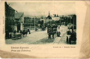 1902 Sopron, Oedenburg; Kossuth út feldíszített magyar címeres villamossal, lovaskocsi. Kummert L. kiadása (EK)