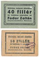 Miskolc ~1930. 40f bélyegzés nélkül + 1K &quot;Fodor Zoltán Könyvkereskedés&quot; utalvány &quot;00&quot; bélyegzéssel, felülbélyegzéssel, hátlap 50f T:AU lyuk, VG Adamo MIS-12.2.1 - 14.1.1