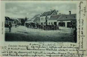 1902 Modor, Modra; Deák tér este, Gsellmann János és Adalbert Blau üzlete, Vendégfogadó, étterem / square at night, shops, hotel and restaurant