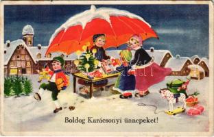 1942 Boldog karácsonyi ünnepeket / Christmas greeting art postcard with toys (fa)