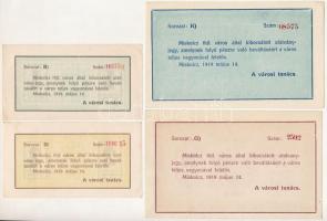 Miskolc 1919. 1K + 2K + 10K + 20K "Miskolcz város" utalvány-jegyek, mind sorszámmal, telje...
