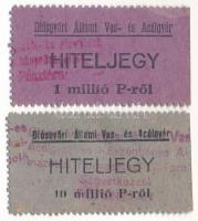 Diósgyőr ~1946. 1.000.000P + 10.000.000P "Diósgyőri Állami Vas- és Acélgyár" hiteljegy bélyegzésekkel T:AU Adamo DIO-4.1 - 4.2