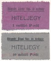 Diósgyőr ~1946. 1.000.000P + 10.000.000P Diósgyőri Állami Vas- és Acélgyár hiteljegy bélyegzésekkel T:AU Adamo DIO-4.1 - 4.2