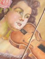 Olvashatatlan jelzéssel: Hegedülő lány. Olaj, vászon, sérült, vakerettről a vászon levált, 75x59 cm