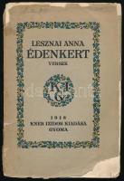 Lesznai Anna: Édenkert. Versek. A szerző rajzaival. Gyoma, 1918, Kner Izidor, 166+(10) p. Első kiadás. Kiadói papírkötés, a borító és a gerinc sérült, az elülső borító különvált a könyvtesttől, a könyv elején több, a fűzéstől elváló lappal, kisebb ázásnyomokkal.