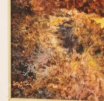 Egri Tibor ( - ): Napkelte Muhi-pusztán. Olaj, farost, jelezve balra lent. Dekoratív, kissé kopott f...