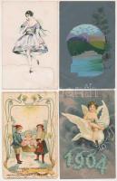51 db sérült régi 1945 előtti képeslap, köztük szignósak is, Kner lap, szecessziós, Castelli, gyerek...