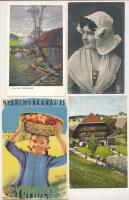 51 db sérült régi 1945 előtti képeslap, köztük szignósak is, Kner lap, szecessziós, Castelli, gyerek...