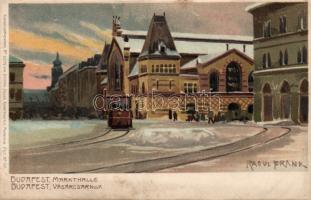 Budapest IX. Nagyvásárcsarnok villamossal litho s: Raoul Frank