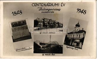 1948 Zalaegerszeg, 1848-1948 Centenáriumi év, újjáépítés, új vasútállomás, Egészségház, üzlet, új vasúti híd, Elhurcoltak emlékműve. Bendly foto (fl)