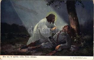 1915 Kro sie w opieke odda Panu swemu / WWI Austro-Hungarian K.u.K. military art postcard, soldier with Jesus s: A. Setkowicz (EK)